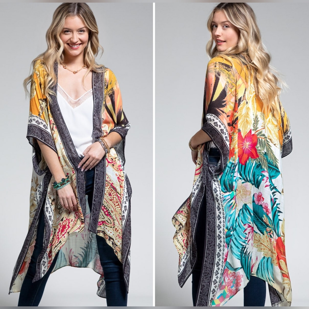 Tropical & Floral Print Kimono w Side Slits - Lightweight Jacquard Fabric
